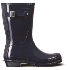 Hunter Womens Original Short Gloss Rubber Wellington Boots -BreezeSole Shoes Store hun040 navy 01