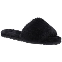 Hush Puppies Womens Prue Fluffy Slip On Slider Slippers -BreezeSole Shoes Store hus607 black 01