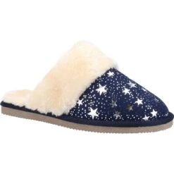 Hush Puppies Womens Arianna Star Slip On Faux Fur Slippers -BreezeSole Shoes Store hus693 navy 01 1