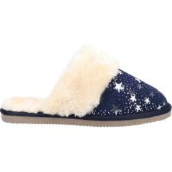 Hush Puppies Womens Arianna Star Slip On Faux Fur Slippers -BreezeSole Shoes Store hus693 navy 02 1